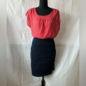 Navy Blue Dress with Orange Top & Polka Dots